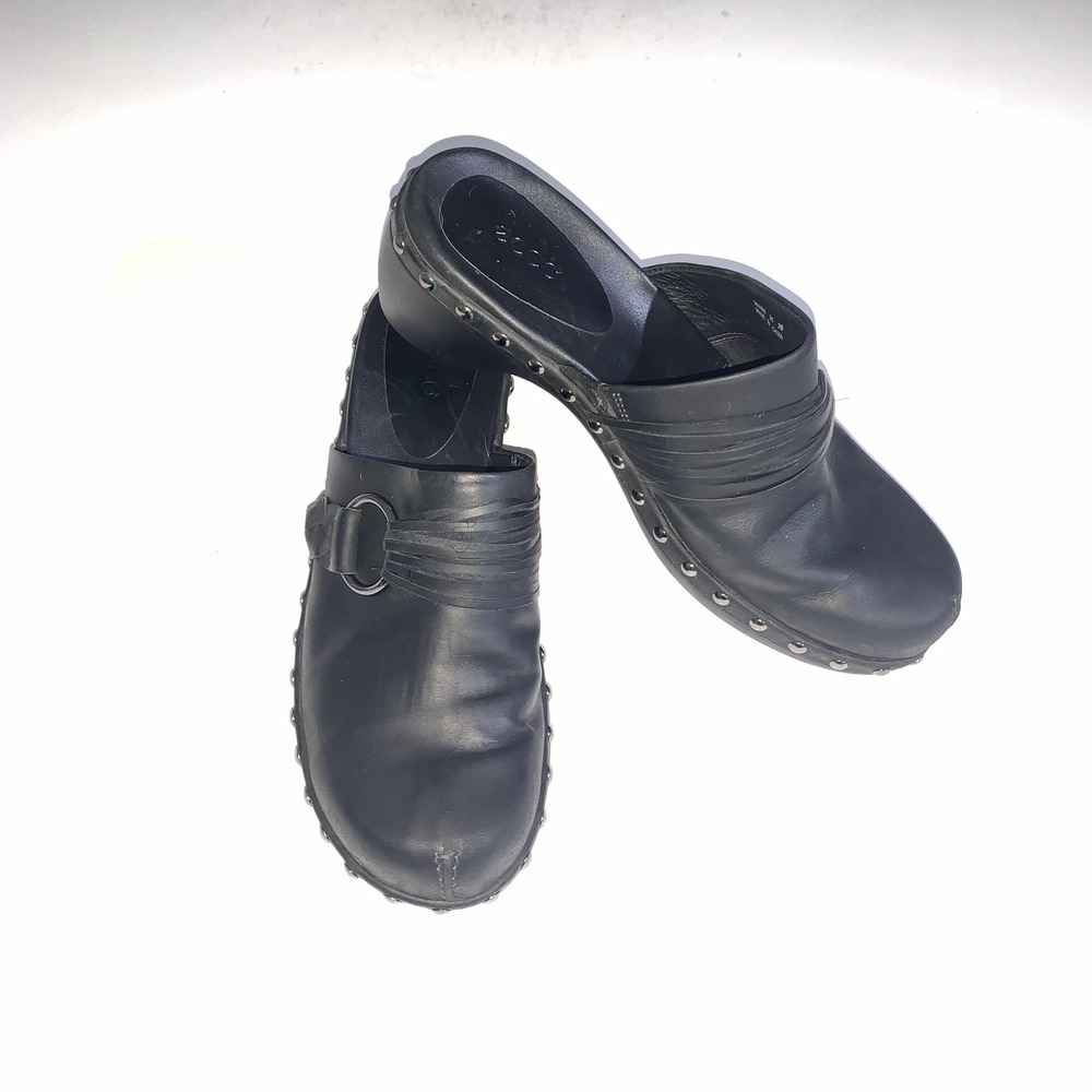 ECCO Clog Shoes Womens Size 8.5 Black Leather Studded Mule Slip On BIOM EU 39